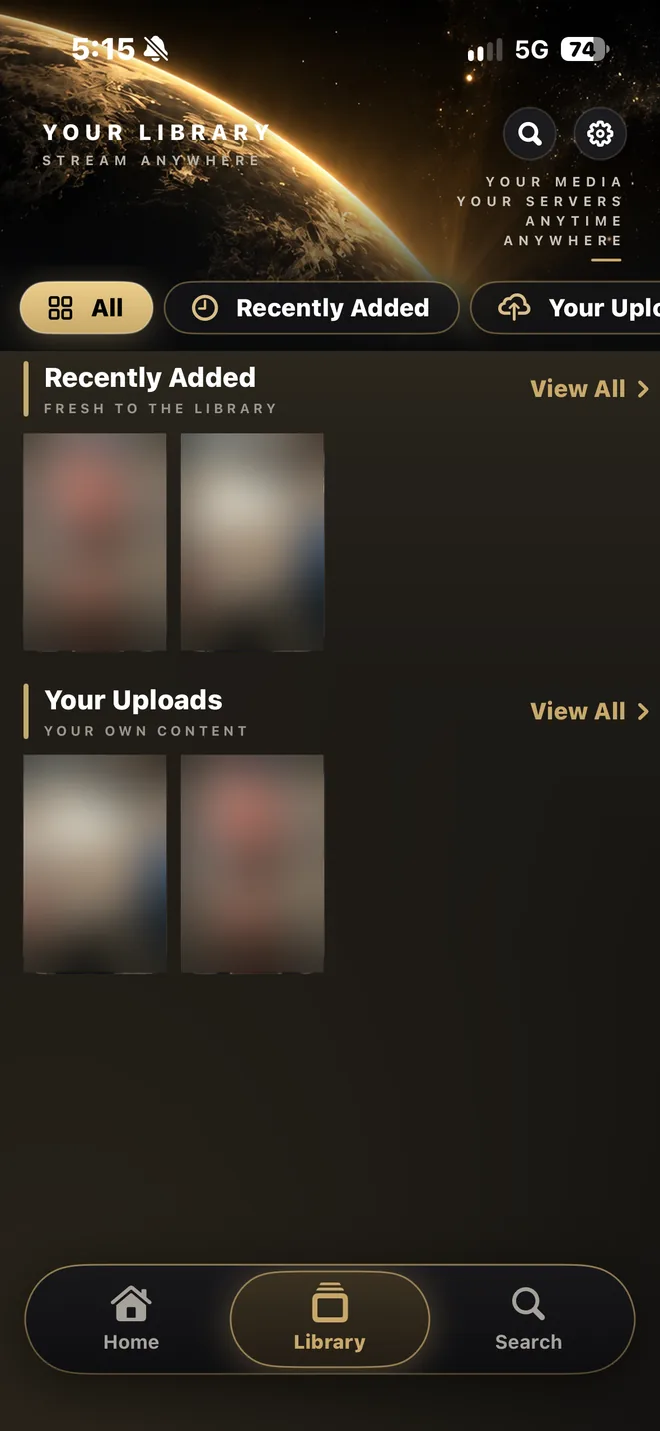 The AutoCastNow library screen on iPhone showing Recently Added and Your Uploads rows. Sample thumbnails are blurred.