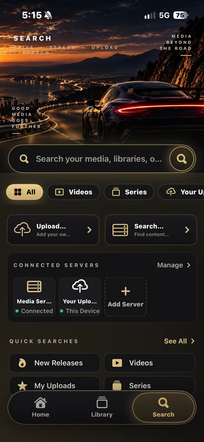 The AutoCastNow search screen on iPhone with a search box, connected servers and quick searches.