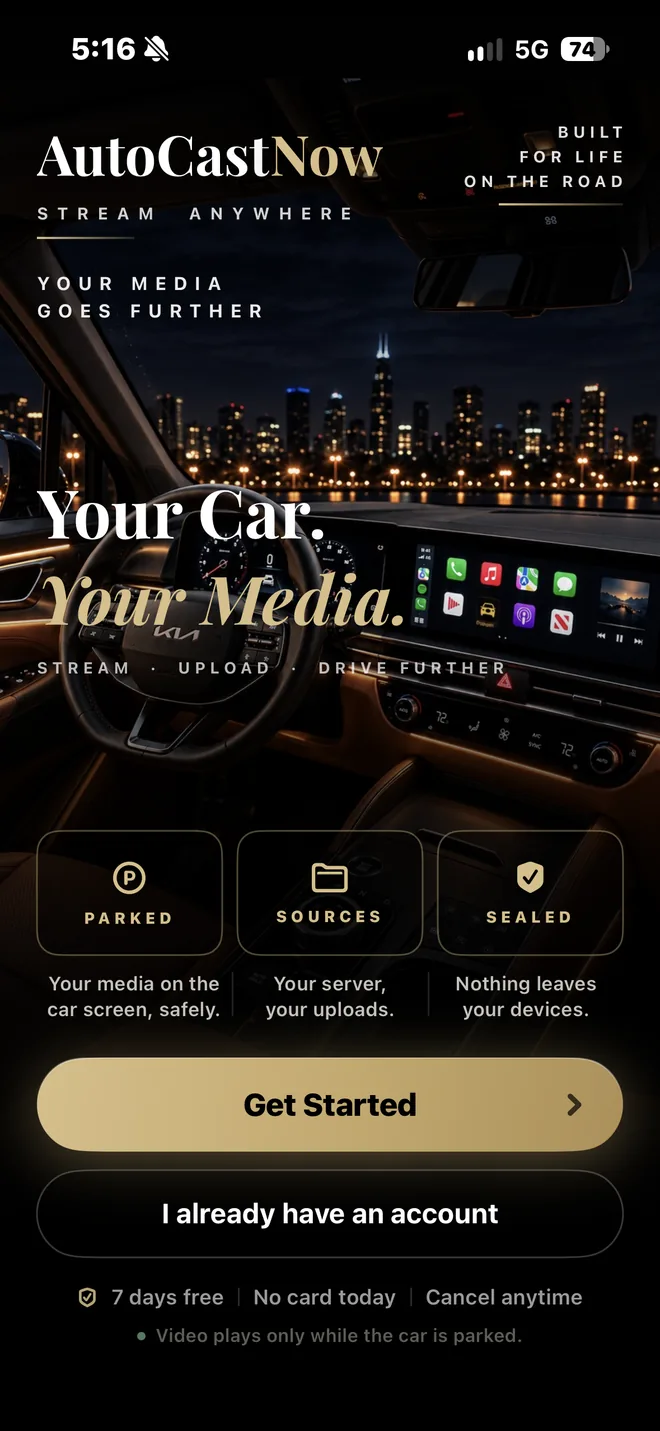 The AutoCastNow welcome screen on iPhone: Your Car. Your Media. with Get Started and I already have an account buttons.