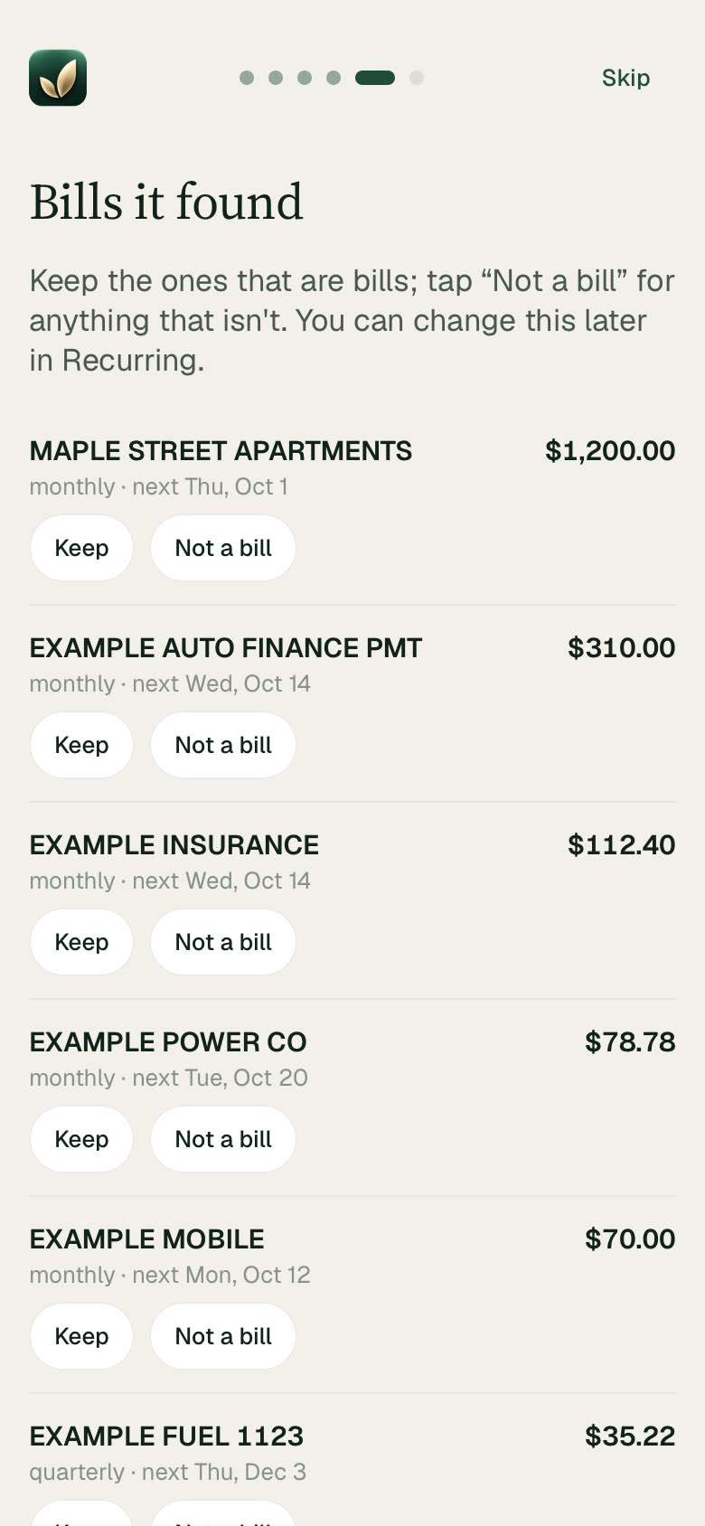 Bills it found: rent, auto finance, insurance, power and phone, each with Keep or Not a bill.