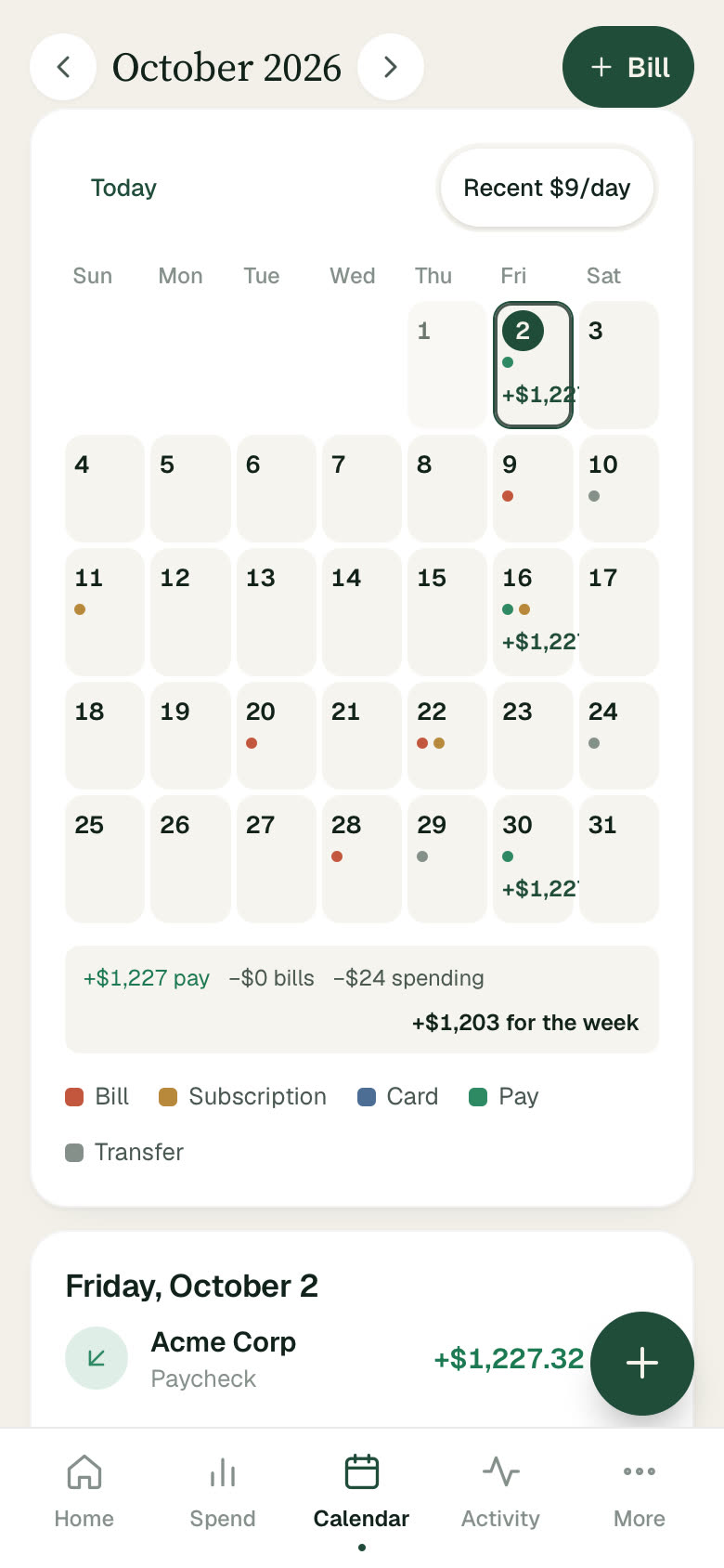 Calendar: the month with paydays, bills and card payments marked on each day.