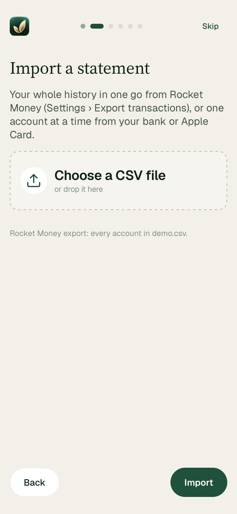 Import a statement: choose a CSV file from Rocket Money, Apple Card or your bank.
