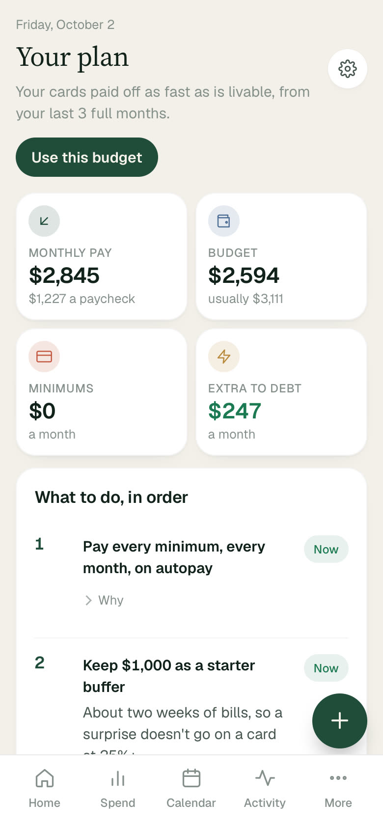 Your plan: monthly pay, budget, minimums and extra to debt, then what to do, in order.