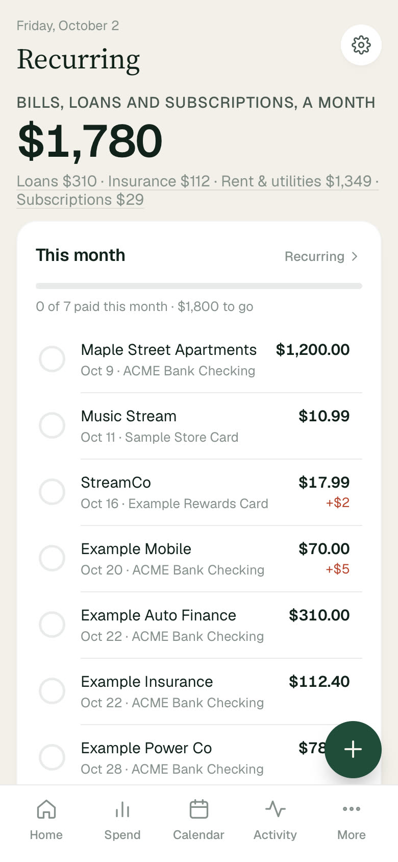 Recurring: bills, loans and subscriptions per month, with what is paid and what is due this month.